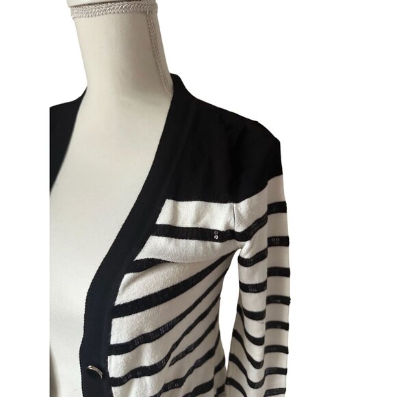 WHITE HOUSE BLACK MARKET WHBM Black White Sequin Striped Button Cardigan Sz XS - Picture 2 of 5